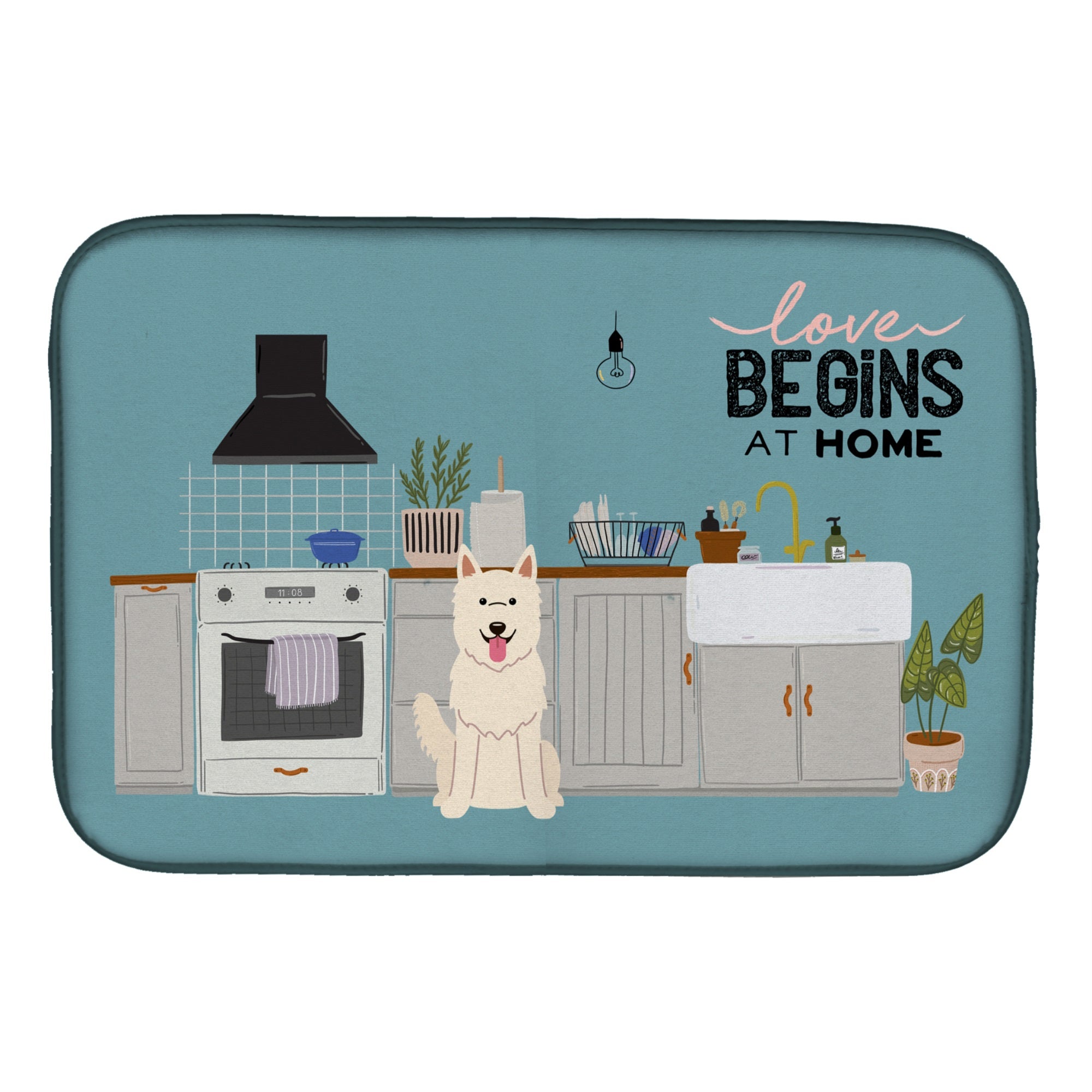 White German Shepherd Kitchen Scene Dish Drying Mat